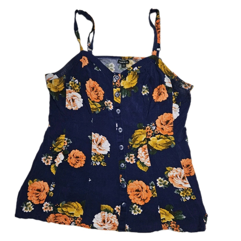 Torrid Tank Top Women's XL 1 Blue Floral Challis Seamed Sleeveless Cami Roses